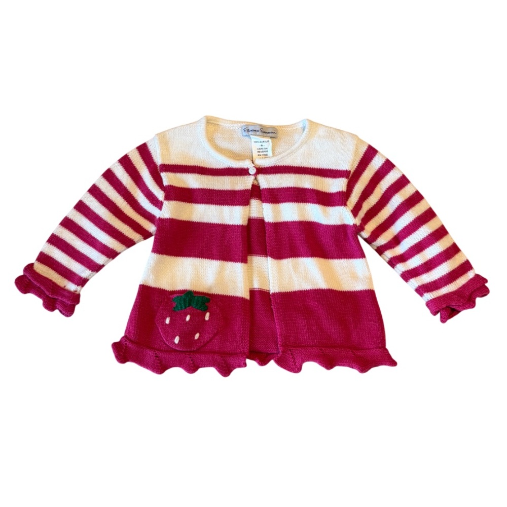 Florence Eiseman Strawberry Stripe Open Spring Cardigan Pink White 12 Months